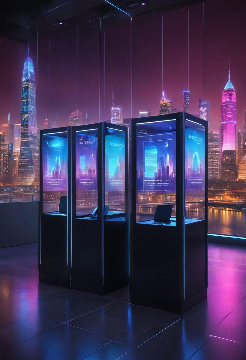 A futuristic voting booth with a sleek digital interface, showcasing diverse voters engaged in e-voting, holographic displays of data and statistics, vibrant city skyline in the background representing progress and transparency in democracy. bright colors. cyberpunk style.