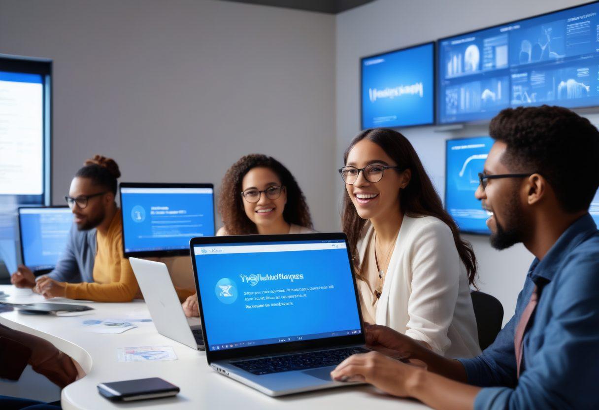 A diverse group of enthusiastic citizens engaging in a virtual town hall meeting, with laptops and digital devices illuminated by soft blue light. In the background, graphs and statistics showcasing increasing voter engagement appear on a large screen. The atmosphere radiates positivity and empowerment, with individuals of various ethnicities and ages. The setting is modern and tech-savvy, symbolizing the transition to digital participation. super-realistic. vibrant colors. white background.