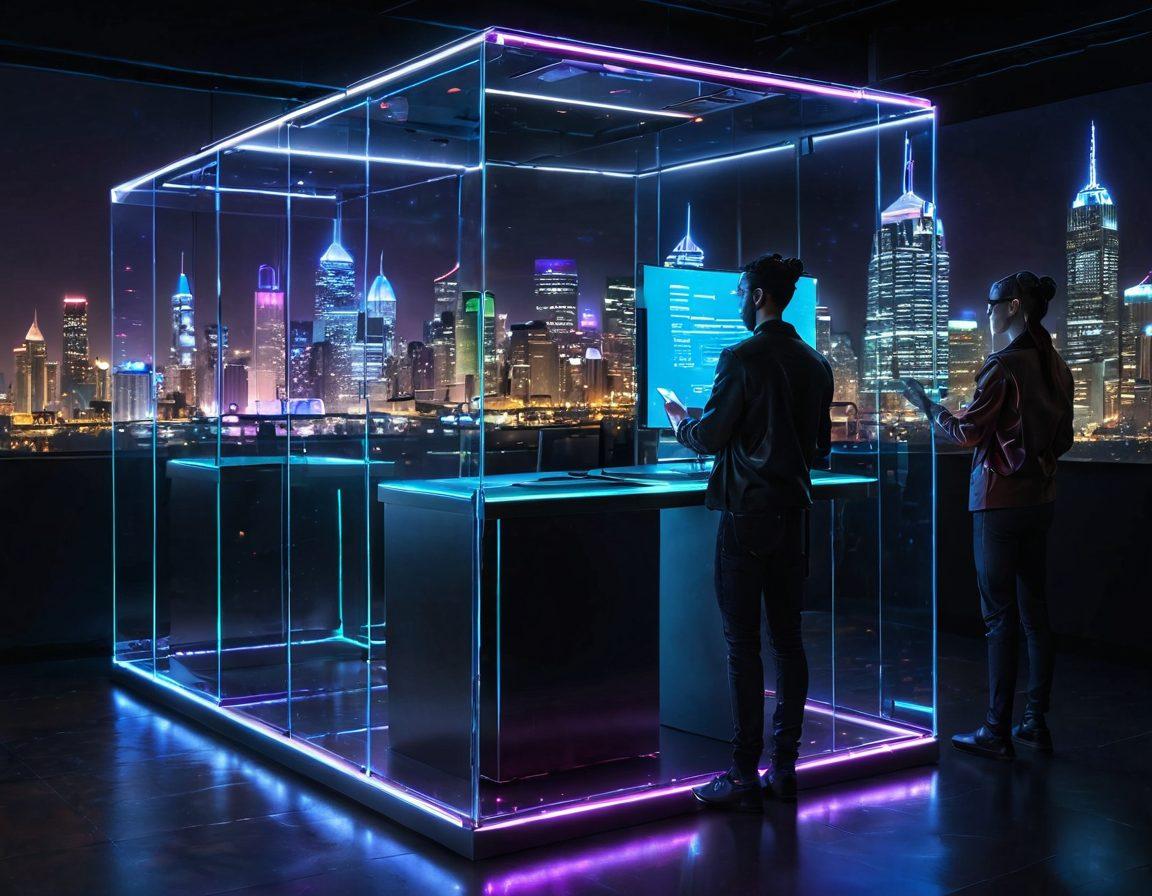 A futuristic voting booth displaying transparent technology, surrounded by glowing digital interfaces representing data security, with diverse citizens casting their votes. The backdrop features a city skyline illuminated with neon lights, symbolizing innovation and democracy in the digital age. Include elements like blockchain symbols and transparent screens to emphasize tech and transparency. cyberpunk. vibrant colors. super-realistic.